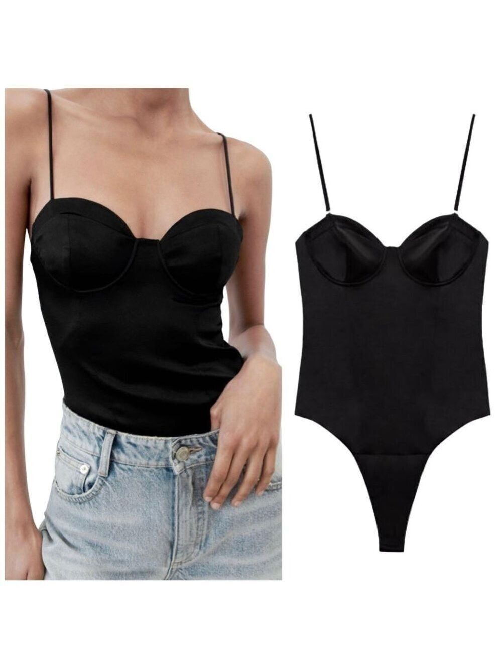 Zara Bustier Style Satin Effect Black Bodysuit with Removable Adjustable Straps